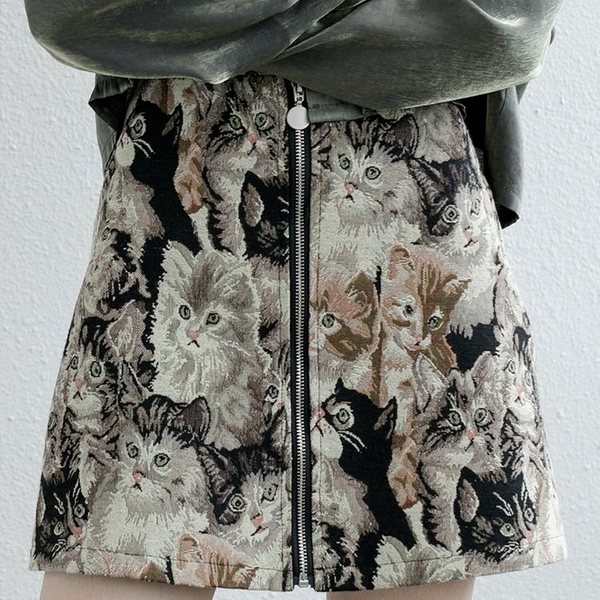 

elegant vintage ladies skirts cat printed mini a-line skirts women vintage embroidery pencil high waist skirt mujer zipper skirt, Black