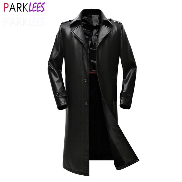 

long faux leather jacket men luxury brand warm fleece lined winter pu leather jackets mens trench coat windbreaker 211111, Black