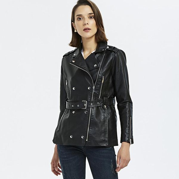 

women's leather & faux motorcycle pu jackets autumn black jacket women slim long sleeve windbreaker ladies coat with belt