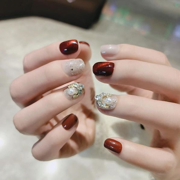 

false nails 24pcs red cat's eye gold foil wear short paragraph fashion manicure patch save time wearable nail soyw889, Red;gold