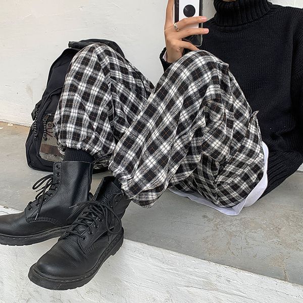 

2021 winter thick woolen trousers men's warm fashion retro casual plaid men streetear straight wide leg pants mens 0a16, Black