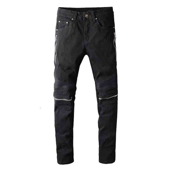 

men's jeans est mens zipper distressed black fashion designer slim fit washed motocycle denim pants panelled hip hop biker trousers pn6, Blue