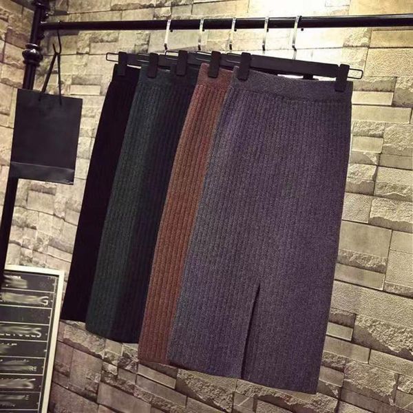 

skirts 2021 elastic female autumn winter warm straight ribbed skirt mid long summer lady club mujer fashion, Black