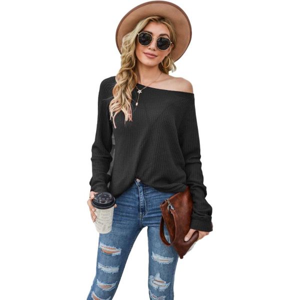 

women's t-shirt plus size fashion solid color waffle ladies long-sleeved off-shoulder women clothes graphic tee, White