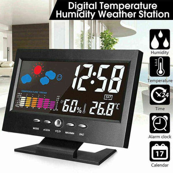 Elektronischer digitaler LCD-Temperatur- und Luftfeuchtigkeitsmonitor, Uhr, Thermometer für den Innenbereich, Heim-Wettervorhersage, Schlummerkalender, Wecker 211112