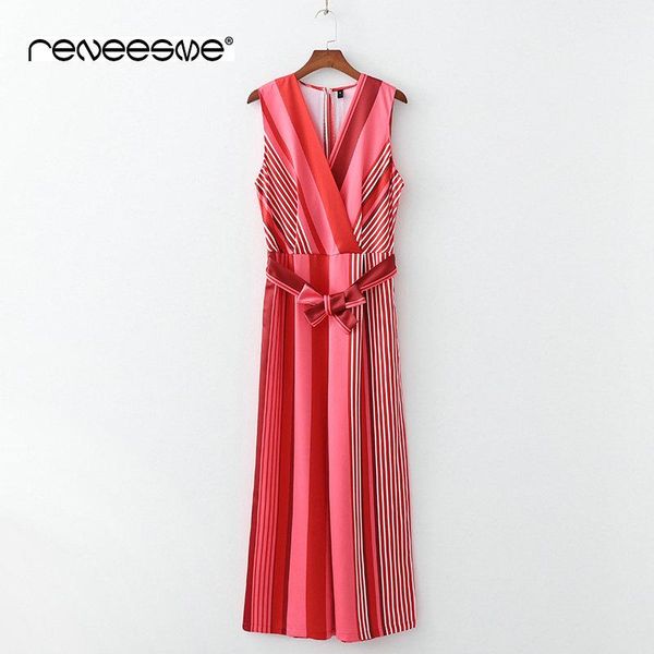 

women's jumpsuits & rompers red women striped long bow tie sashes pockets sleeveless pleated zipper open back female casual chic playsu, Black;white