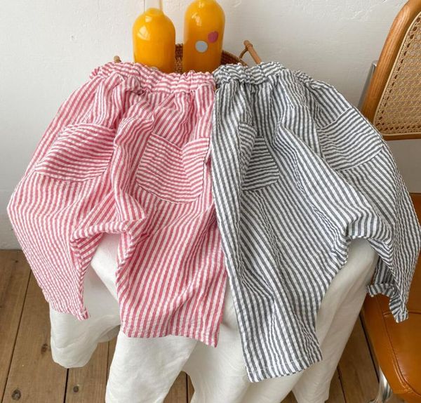 

trousers 2021 girls boys striped long pants cotton linen summer cool kids, Blue