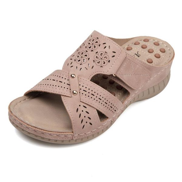 

european summer women's sandals platform massage slippers chunky casual shoes pu leather flowers home footwear, Black