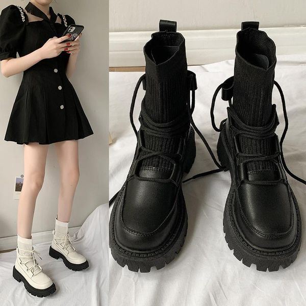 

boots women 2021 shoes round toe luxury designer ladies med summer rock ankle fashion autumn rubber stockings lace-up cross, Black