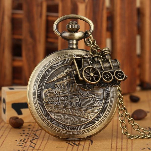 

pocket watches antique bronze train locomotive engine necklace quartz watch retro pendant chain fob clock gift with accessory, Slivery;golden