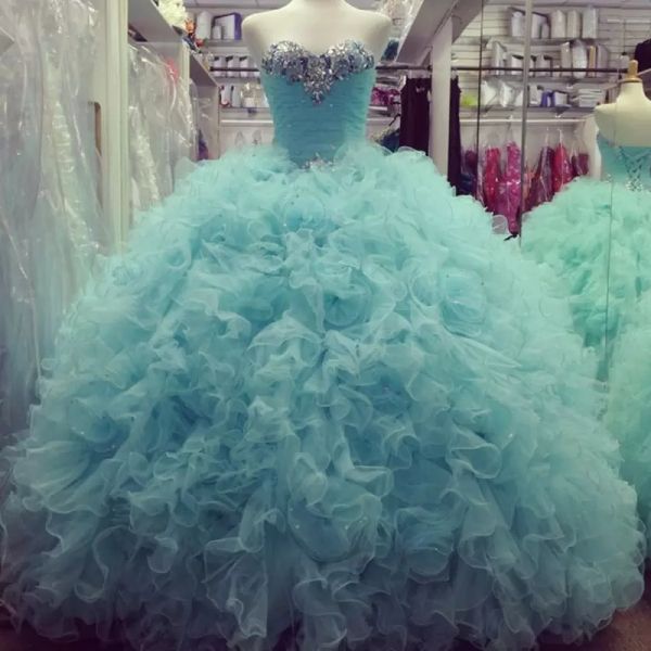 

mint green ball gown quinceanera dresses 2022 with beaded crystals sequins sweetheart neckline tulle tiered custom made princess sweet 16 pa, Blue;red