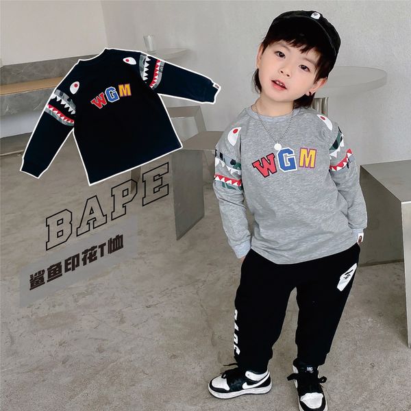 

spring fashion boys new clothing 2021 brand and girls children's shark long sleeve t-shirt crew neck, Black;white