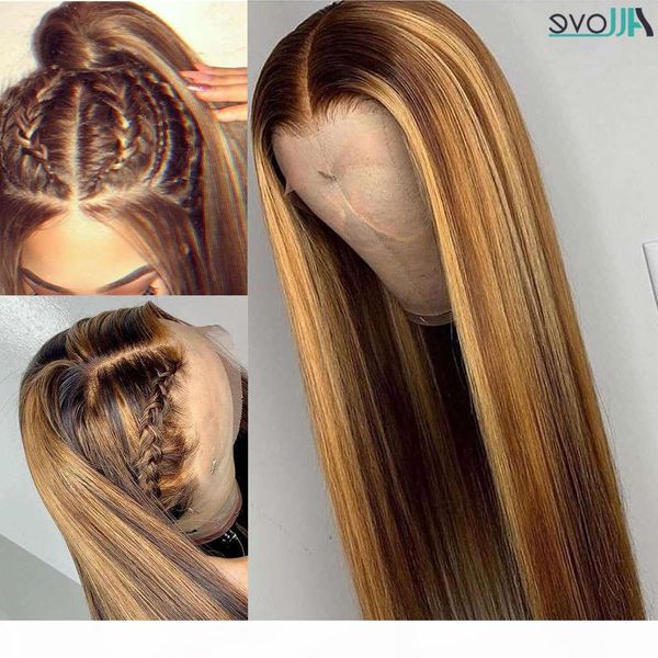 

allove honey blonde highlight brown lace front wigs brazilian bone straight human hair ombre wig, Black;brown