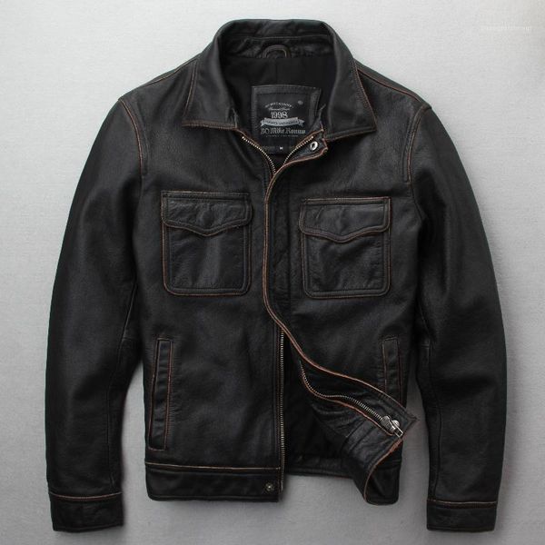 

men's leather & faux vintage 2021 brown casual style genuine jacket men plus size 4xl real cowhide autumn slim fit natural coat, Black