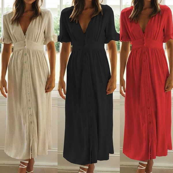 

casual dresses ladies solid dress women summer fashion button short sleeve maxi female v-neck high waist long vestidos, Black;gray