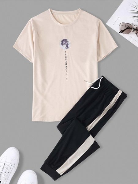 

men moon & japanese letter graphic tee & contrast side seam sweatpants v7lf#, Gray