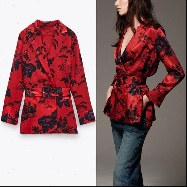 

2021 za vintage floral print belt blouse women long sleeve wrap elegant office female fashion front button flower top, White