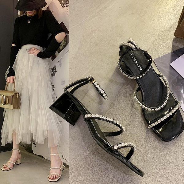 

rhinestone women's sandals new luxury open-toed wild ladies summer sandals middle heel comfortable banquet high heel, Black