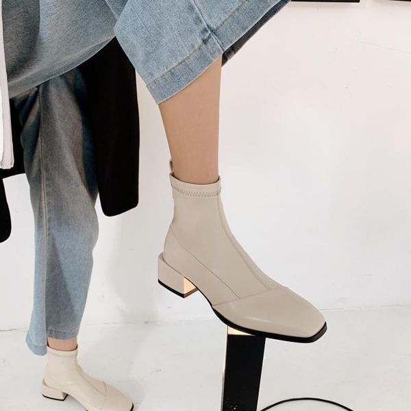 

boots concise elegant women stretch sock big size 43 44 solid beige black brown woman booties for autumn winter shoes square toe
