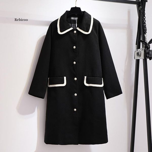 

women's wool & blends black plus size sweet winter coat pearl buttons elegant long sleeve slim single breasted jacket coats women