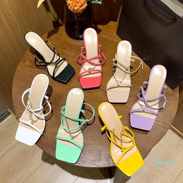

designer- fashion summer women's stretch sandals ,super high stiletto heel,chain strap,ankle-strap,elongated squared, Black