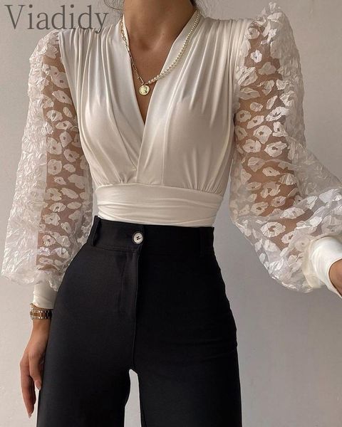 

women's blouses & shirts women sheer mesh femme elegant v neck puff lantern sleeve blouse, White