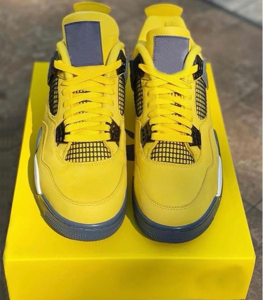 

4 lightnings mens basketball shoes thunder 4s yellow white-dark blue grey womens outdoor sports sneakers ct8527-700 with original box us 7-1