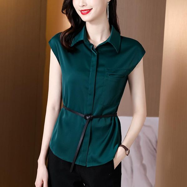 

women's blouses & shirts 2021 summer fashion blouse satin silk sashes solid shirt -neck sleeveless basic niche women and, White