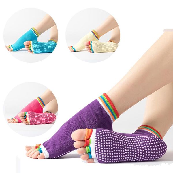 

sports socks 1 pair women yoga anti-slip five fingers backless cotton silicone pilates toeless -40, Black