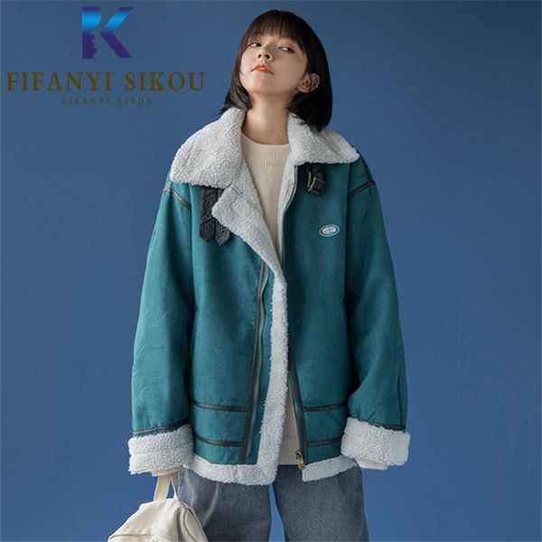 

women's leather & faux 2021 winter women suede jacket thick warm lambswool jackets soft female fashion lapel loose motorcycle coats, Black