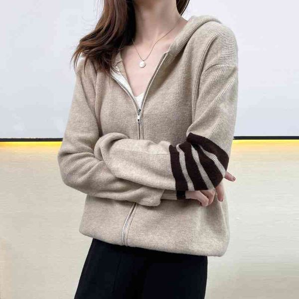 

women's autumn and winter 2021 new zipper hooded wool cardigan sweater loose tb four bar knitted jacket1, Black