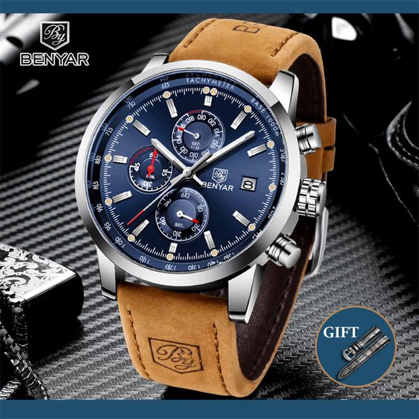 

watches benyar 2021 blue men brand luxury waterproof sport quartz chronograph military watch clock relogio masculino, Slivery;brown