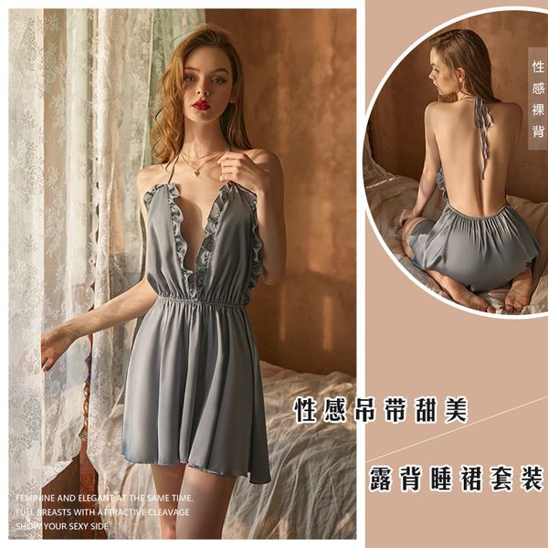 

deep v open back satin pajamas sweet solid color hanging neck nightgown home suit 102, Black;white