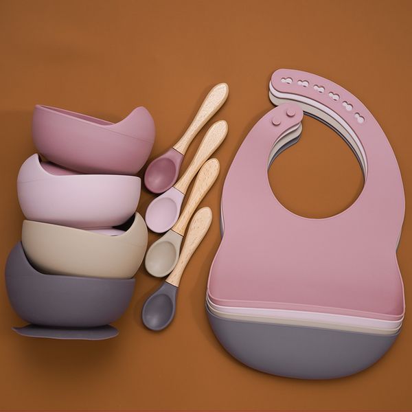 

bpa baby silicone tableware waterproof bib flexible saliva towel solid color sucker bowl and spoon for children