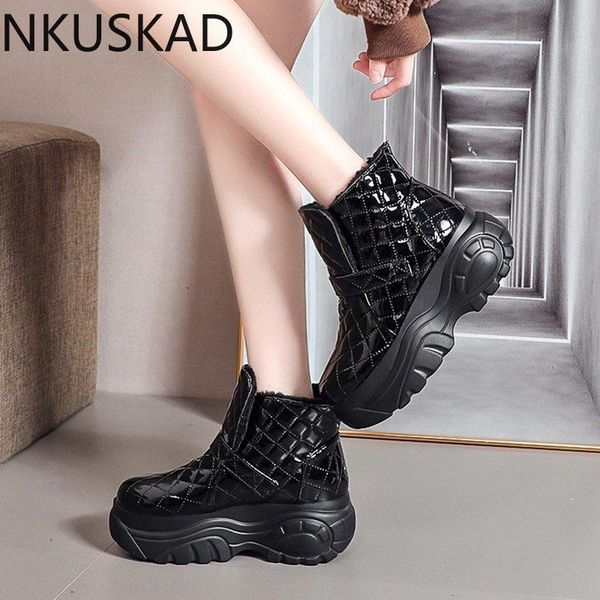 

boots bottes femme 2021 winter shoes women's snow genuine leather keep warm cross-tied platform wedges ankle for women, Black