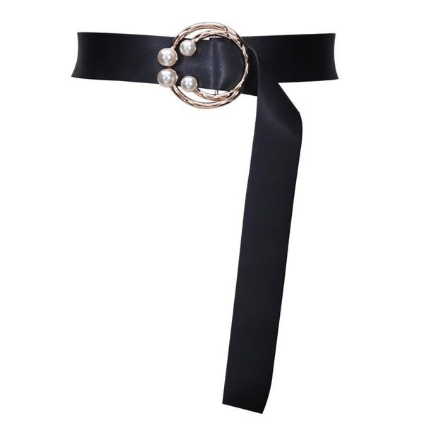

women belts soft faux leather long wide waistbands for dress coat gold circle pearl big buckle knot cummerbunds girl gifts, Black;brown