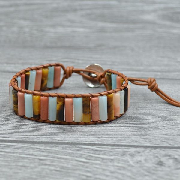 

tennis natural stones bohemian women braided leather bangles tube beaded wrap bracelets for couples customized jewelry handcraft, Golden;silver