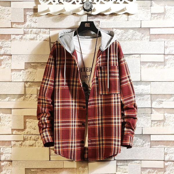 

chenyusky- casual fashion brand hooded plaid shirts for men long sleeves new spring autumn plus asian size -5xl, White;black