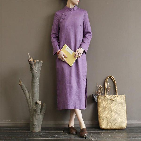 

johnature chinese style elegant cheongsam 2021 autumn new stand long sleeve solid color ramie women cloths vintage dress, Red