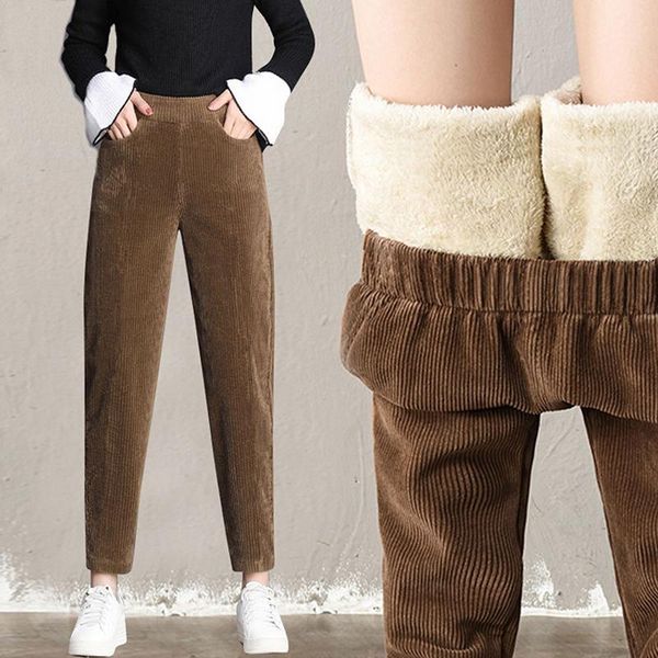 

women's pants & capris plush thick casual corduroy warm autumn and winter 2021 high waist harem trousers women thinck pocket, Black;white