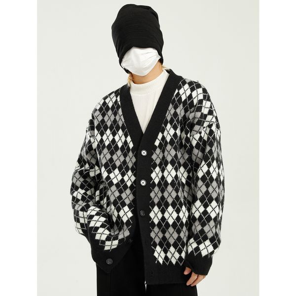 

vintage casual men loose plaid knitwear cardigan coat male women streetwear hip hop knit sweater jacket oute u023, White;black
