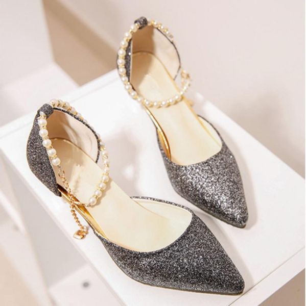 

dress shoes women pumps high heels 5cm summer fashion shiny pointed toe sandals thin string bead sweet wedding pearl ankle strap, Black