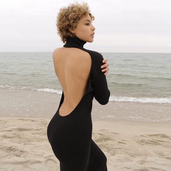

casual dresses 2021 autumn ribbed long sleeve bodycon midi dress women elegant knitted turtleneck backless outfits streetwear, Black;gray