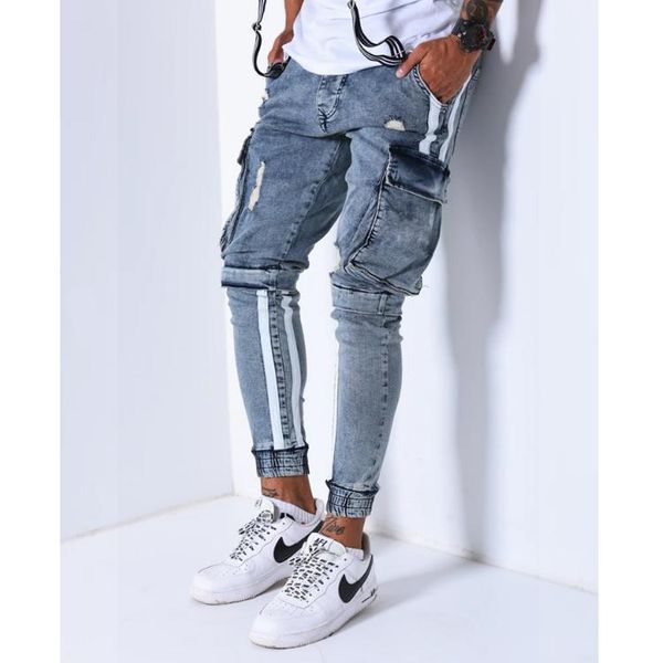 

men's jeans custom striped men vintage blue denim joggers cargo pockets tape for