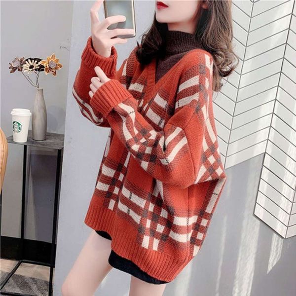 

half height collar, two sweaters, loose fitting, plaid stitching knitted women's clothing in autumn and winter 2020, White;black