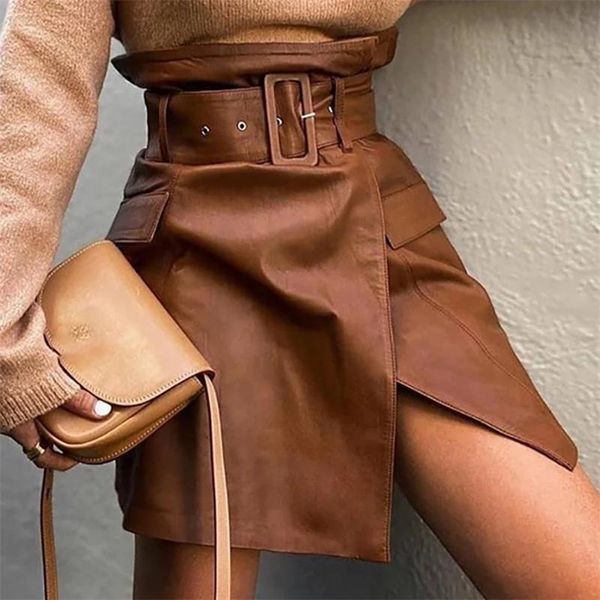 

spring brown irregular pu leather women skirt high waist split belt female skirts solid streetwear all-match casual lady bottom 210315, Black