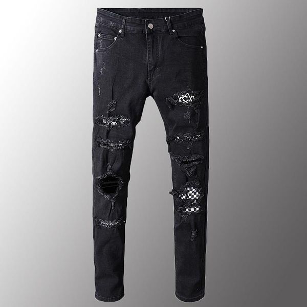 

men's jeans white black patch holes ripped plus size slim fit skinny distressed stretch denim pants fashion male, Blue