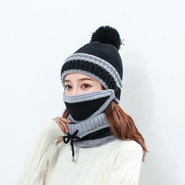 

beanies 2021 hat winter women's mask balaclava for girls scarf thick warm fleece inside knitted set 3pcs hats