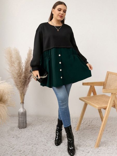 

plus drop shoulder button front 2 in 1 sweatshirt r1qm#, Black