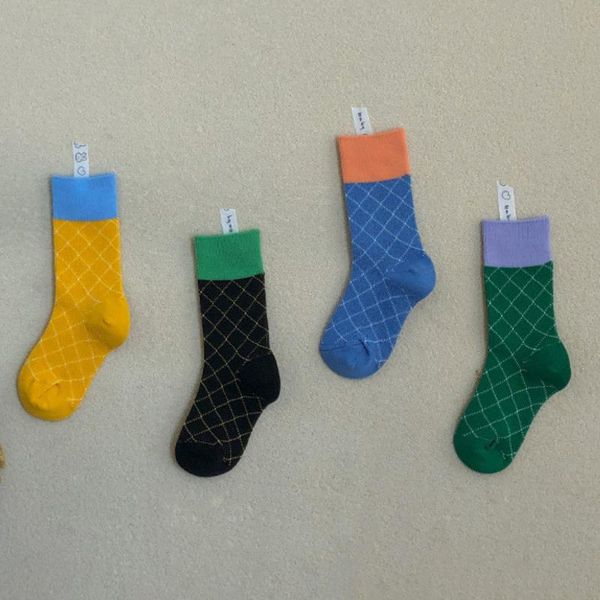 

socks baby vintage plaid calf boys girls toddler contrast color classic grid in tube children kids long 1-5y, Pink;yellow